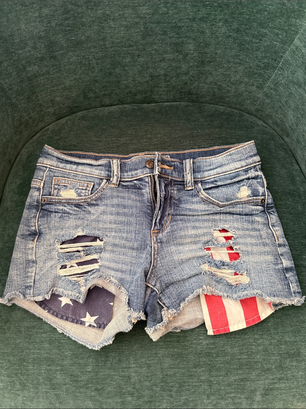 Sneak Peek Blue Denim Shorts with Flag Patch Accents